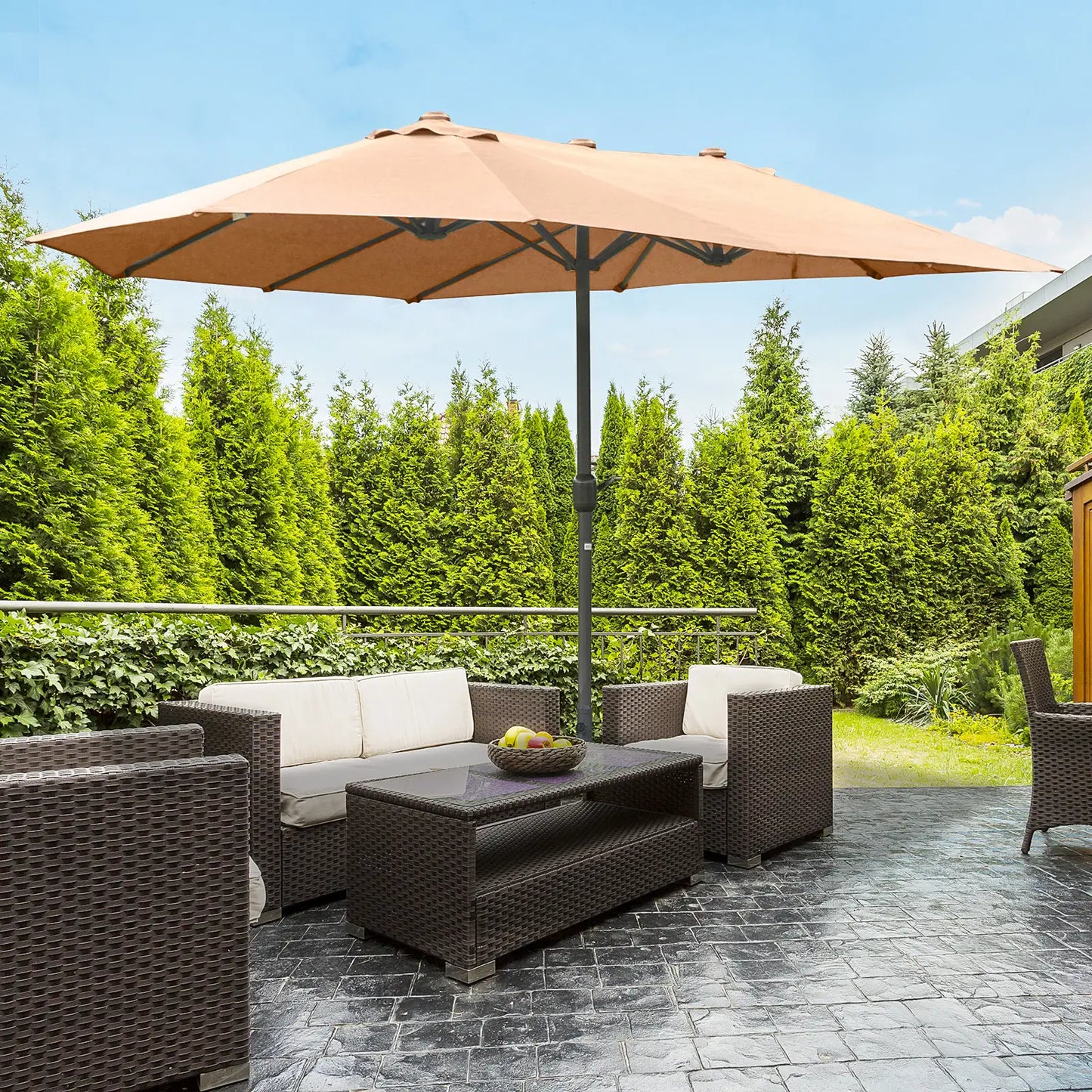 15' Outdoor Patio Umbrella, Twin Canopy, Lift Crank, Brown Sun Umbrellas at Gallery Canada