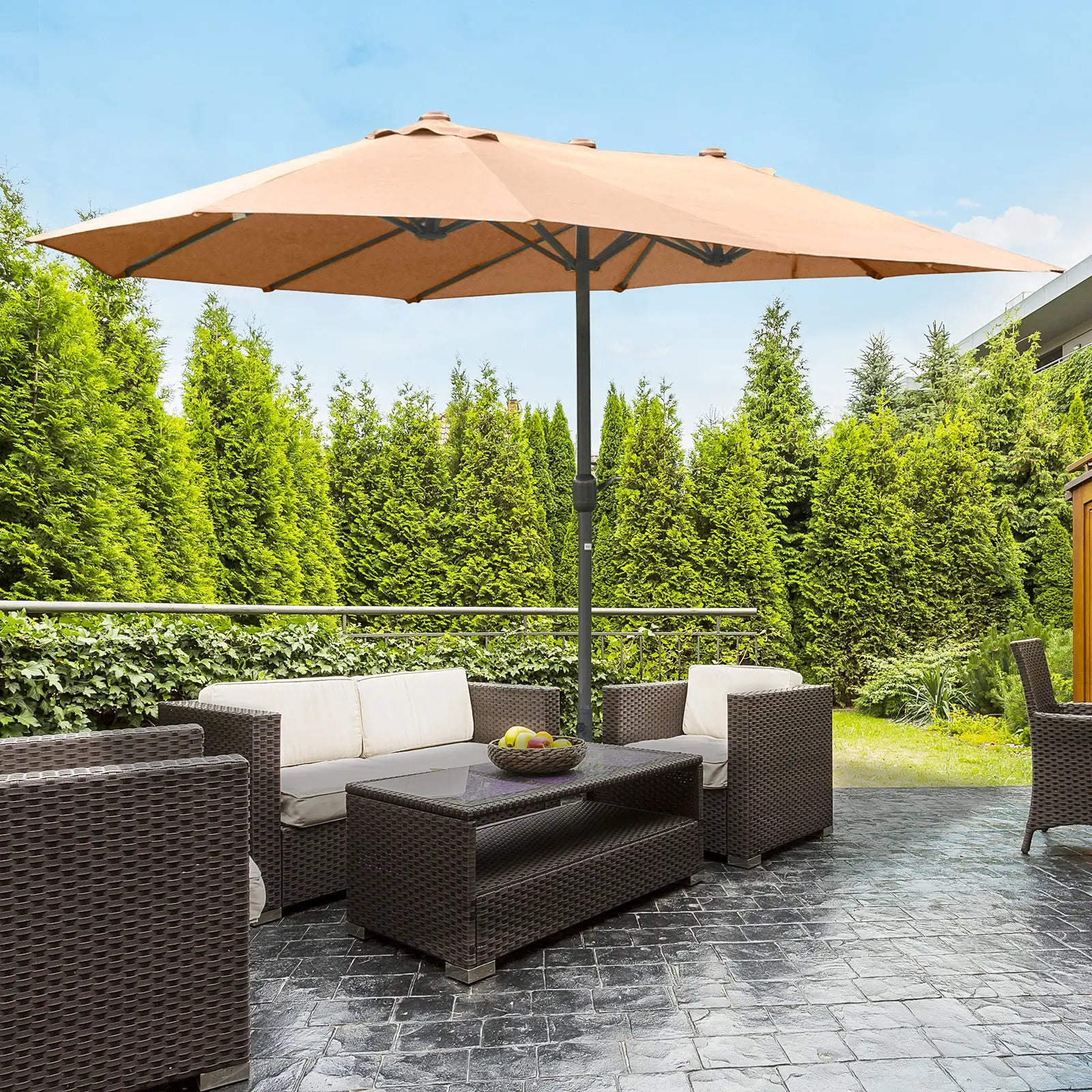 15' Outdoor Patio Umbrella, Twin Canopy, Lift Crank, Brown Sun Umbrellas at Gallery Canada