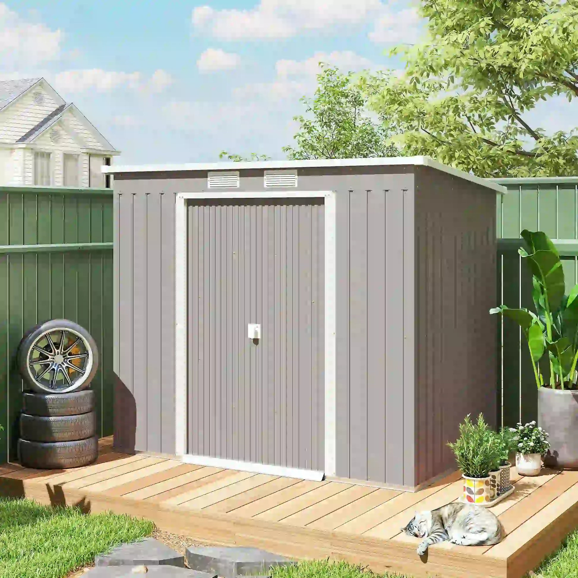 7' x 4' Galvanized Steel Garden Shed, Foundation Kit, Grey Sheds at Gallery Canada