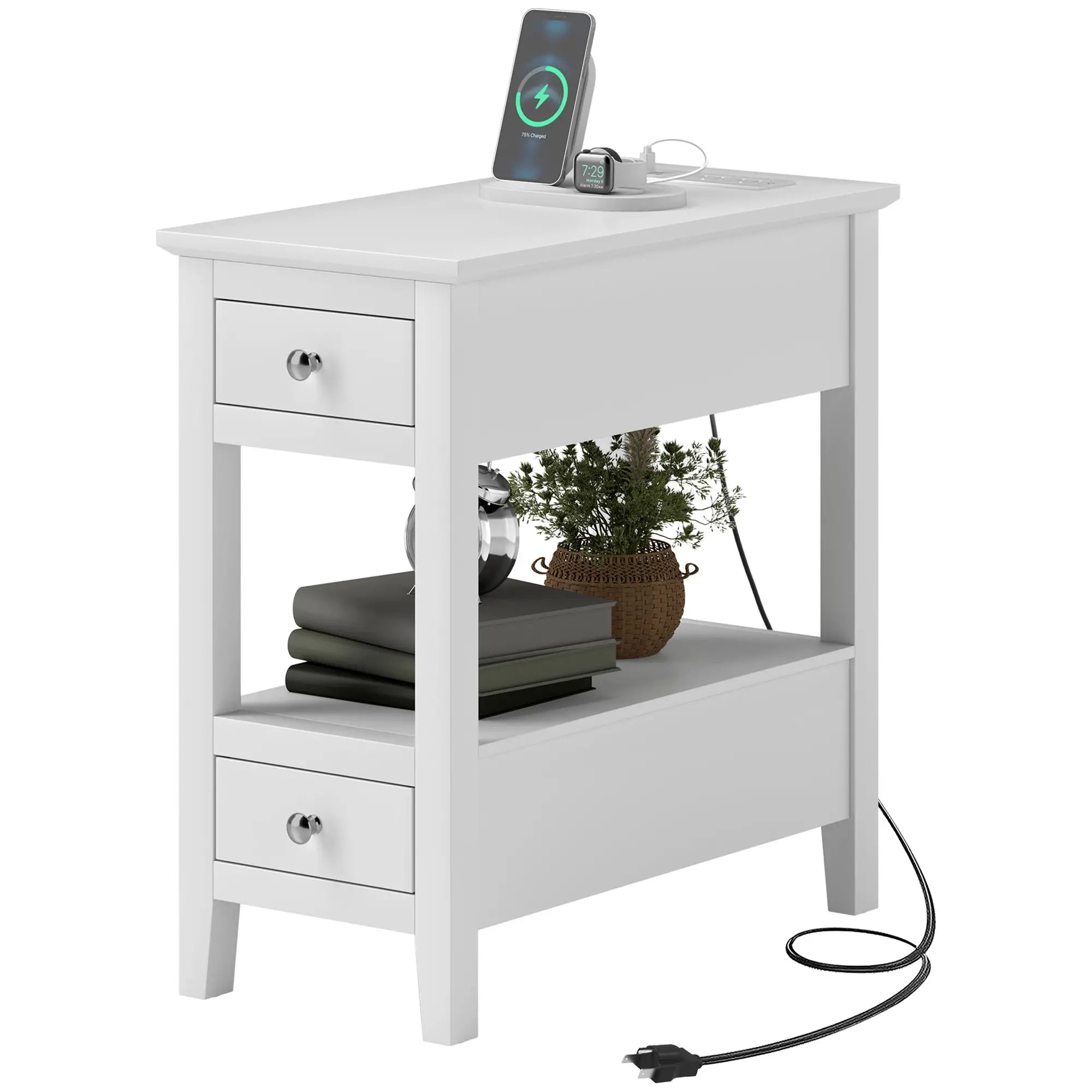 Narrow Side Table, Charging Station, USB Ports, Storage Shelf, Drawers, White Side Tables White at Gallery Canada