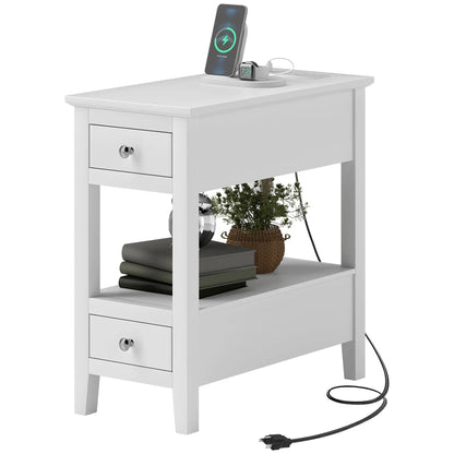Narrow Side Table, Charging Station, USB Ports, Storage Shelf, Drawers, White Side Tables White at Gallery Canada