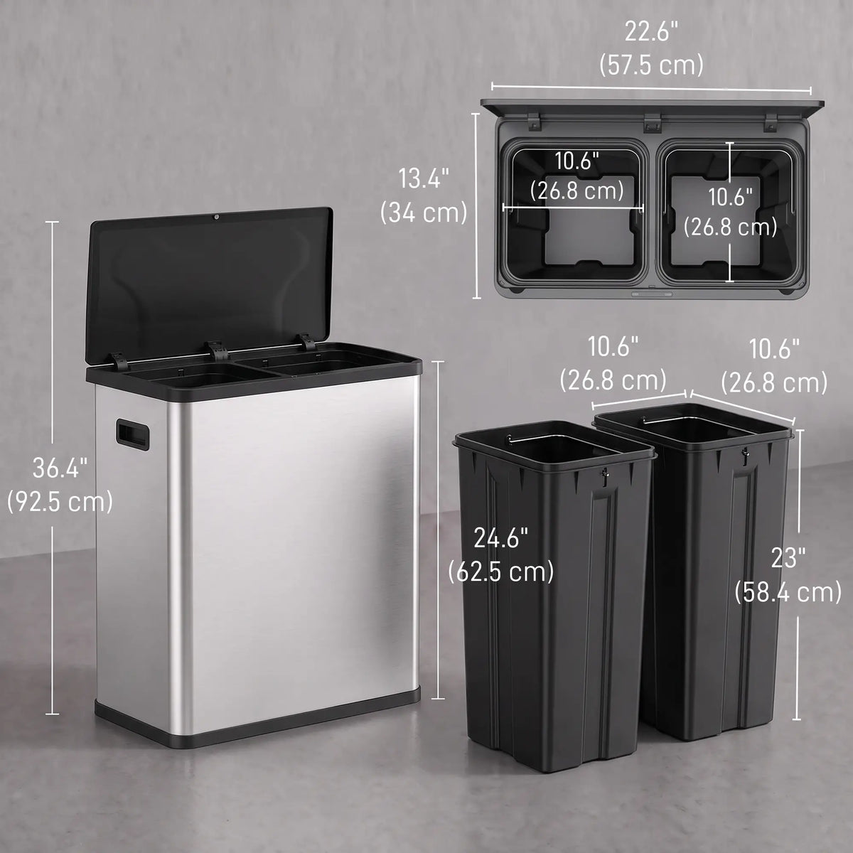 Automatic Trash Can, 15.8Gal, 60L Dual Compartment, Silver