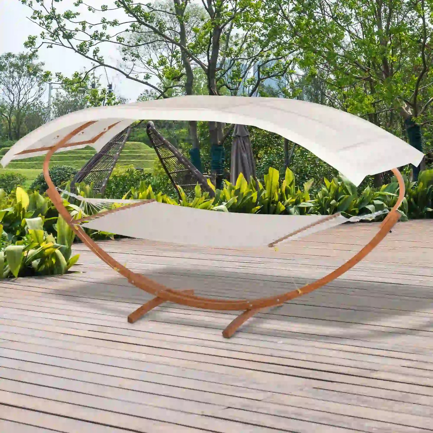 2 Person Wood Swing Hammock with Stand, Canopy, White/Teak Hammocks with Stand at Gallery Canada