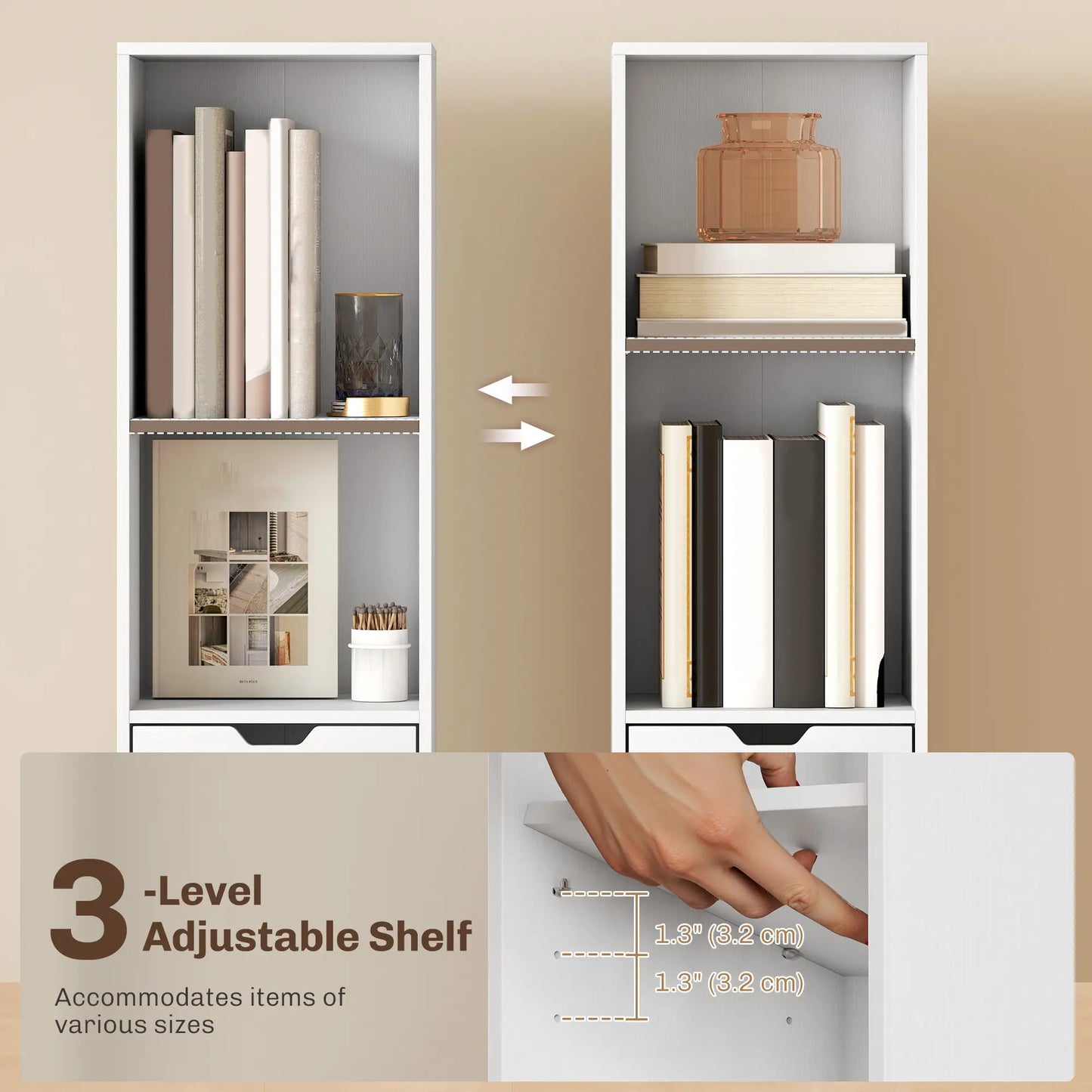6-Tier Bookcase, Tall Narrow Bookshelf with Drawer and Door, White Display Bookshelves at Gallery Canada