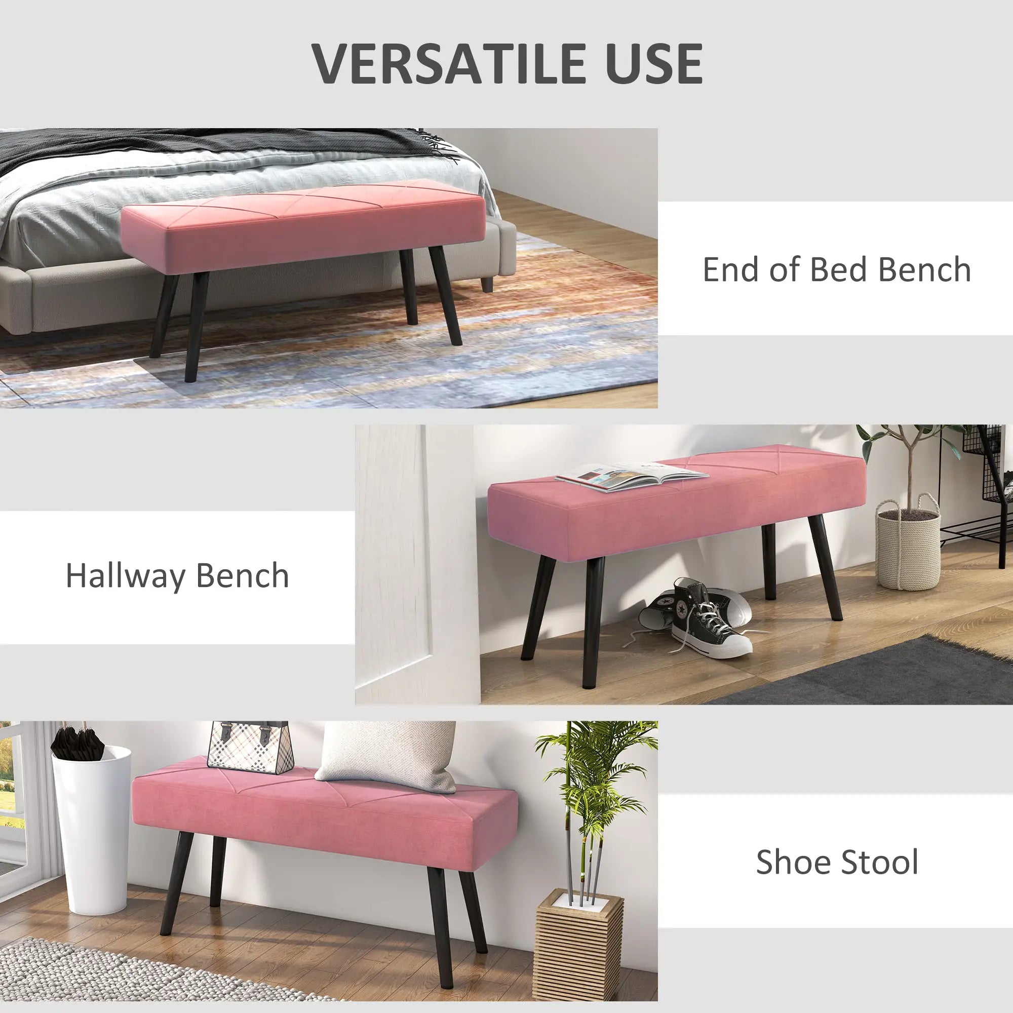 39 Inches Upholstered Bedroom Bench, Modern, Steel Legs, Pink Storage Ottomans & Benches at Gallery Canada