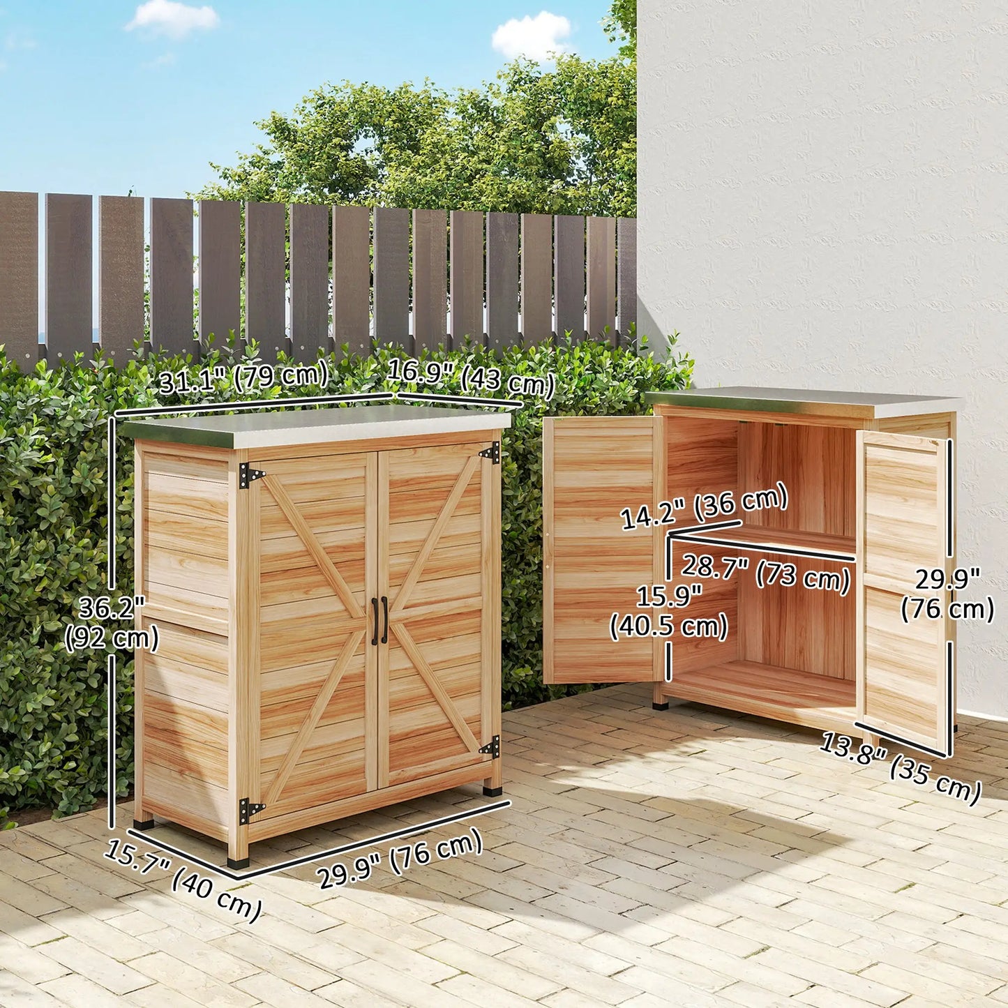 Outdoor Potting Bench Table, Metal Tabletop, Shelf, Double Doors, Natural Sheds at Gallery Canada