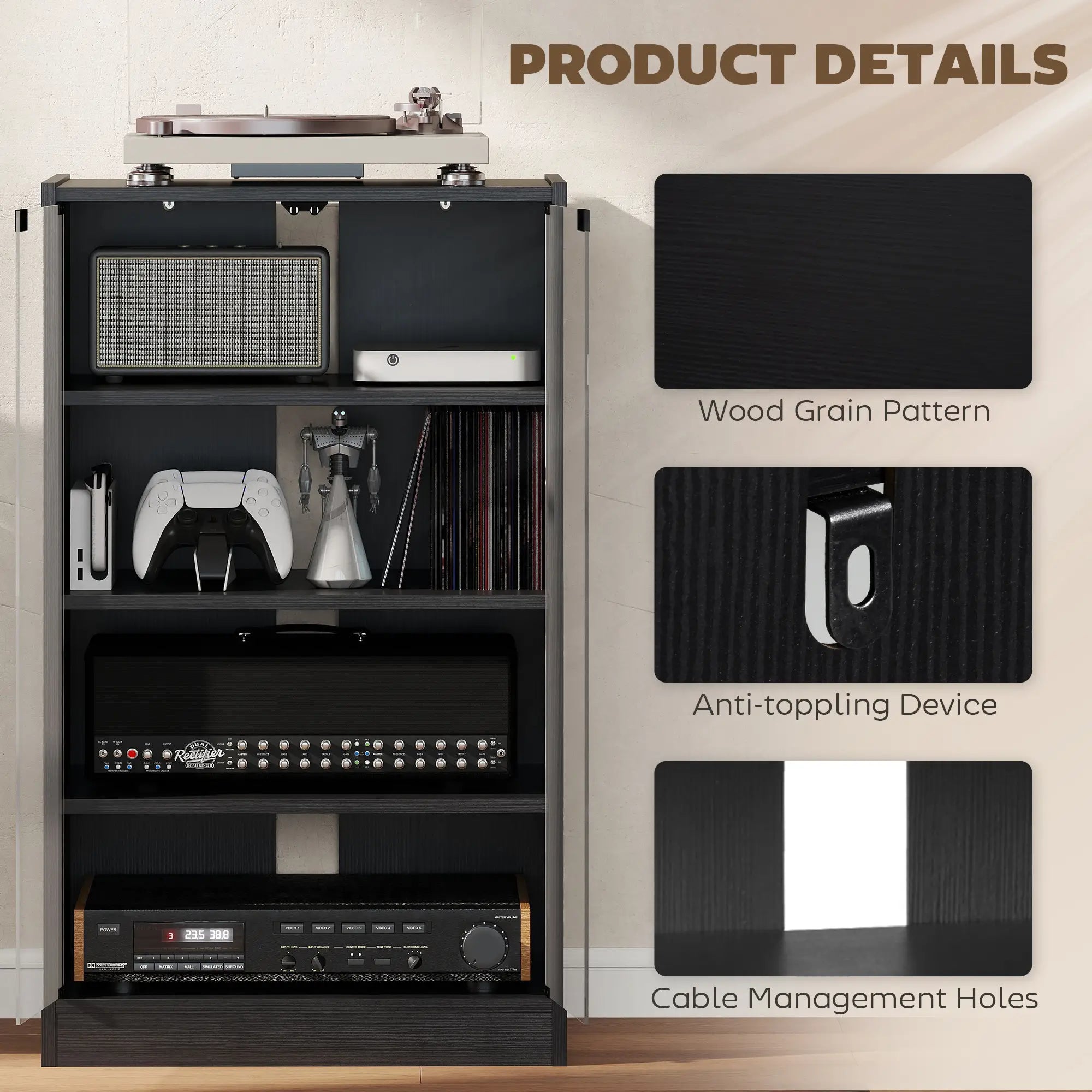 5-Tier AV Media Stand, Push Open Glass Doors, Adjustable Shelves, Distressed, Black Storage Cabinets at Gallery Canada