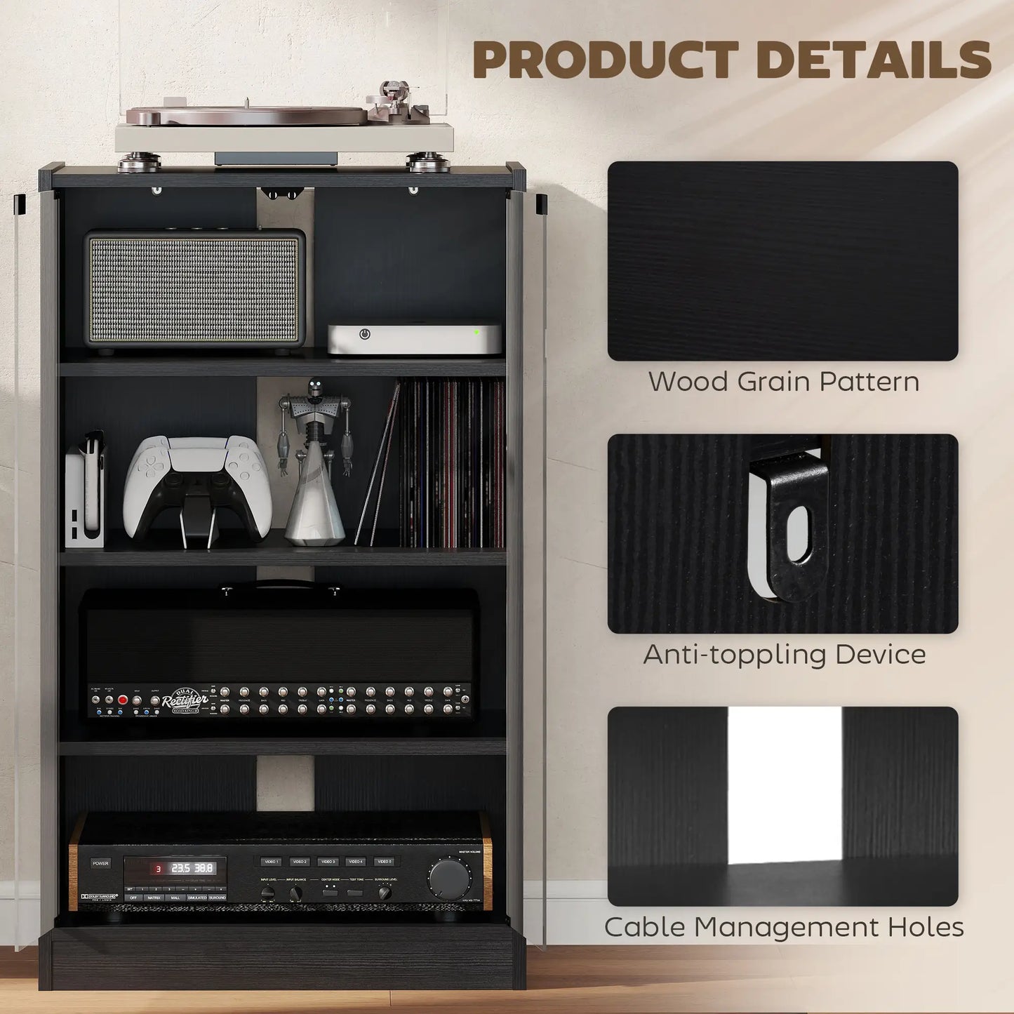 5-Tier AV Media Stand, Push Open Glass Doors, Adjustable Shelves, Distressed, Black Storage Cabinets at Gallery Canada