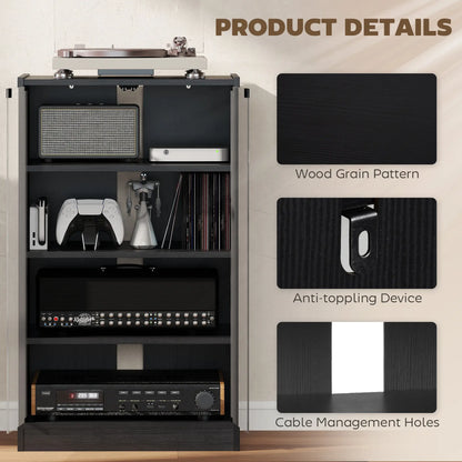 5-Tier AV Media Stand, Push Open Glass Doors, Adjustable Shelves, Distressed, Black Storage Cabinets at Gallery Canada