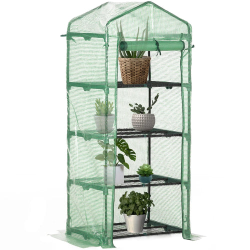 Portable Greenhouse, 4 Tier Shelves, Steel Frame, PE Cover, Dark Green