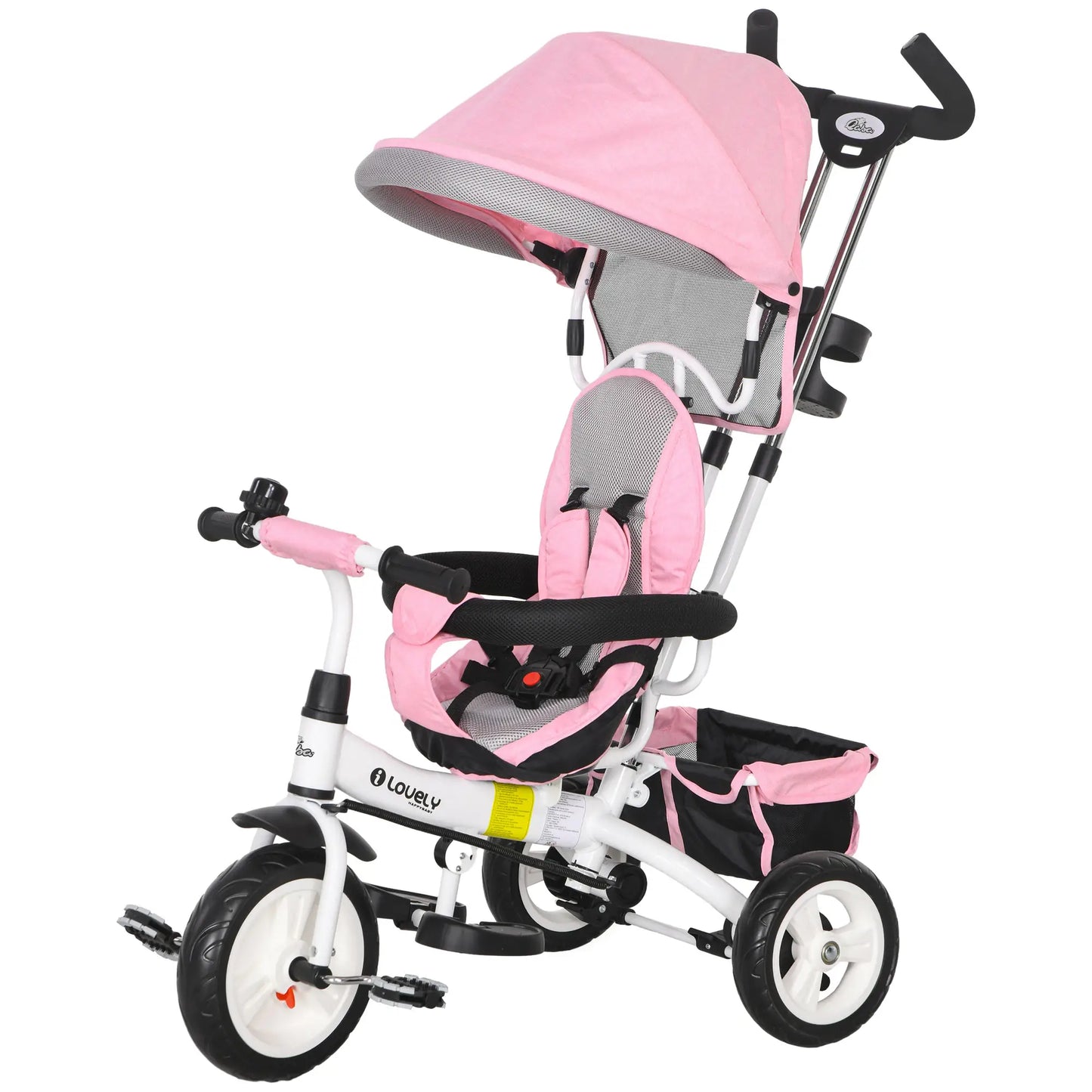 6 in 1 Toddler Tricycle Stroller with Basket, Canopy, 5-point Safety Harness, for 12-60 Months, Pink Tricycles for Kids Pink at Gallery Canada