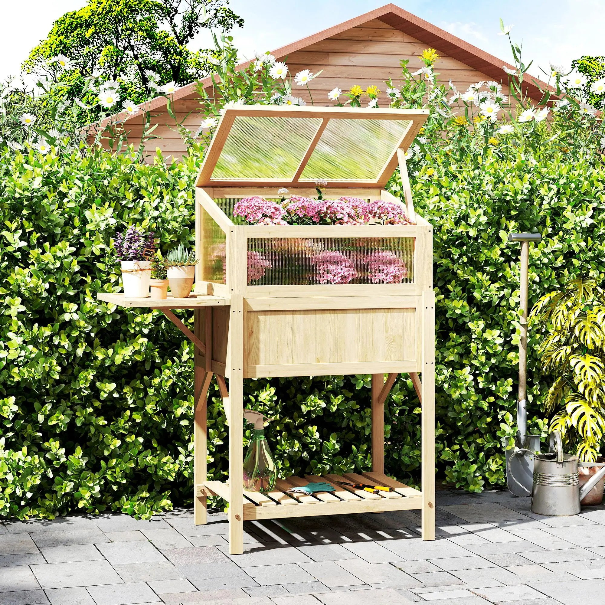 Raised Garden Bed Planter With Cold Frame, Wooden Elevated Planter Box With Folding Side Table And Shelf, Natural Wood Elevated Garden Beds at Gallery Canada