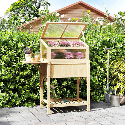 Raised Garden Bed Planter With Cold Frame, Wooden Elevated Planter Box With Folding Side Table And Shelf, Natural Wood Elevated Garden Beds at Gallery Canada