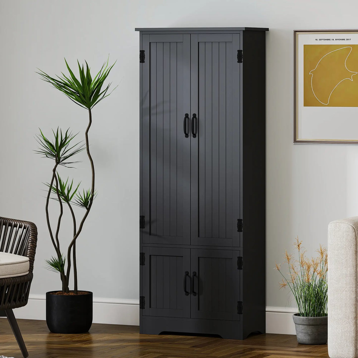 60 Inch 4-Door Storage Cabinet, Adjustable Shelves, Black Kitchen Pantry Cabinets at Gallery Canada