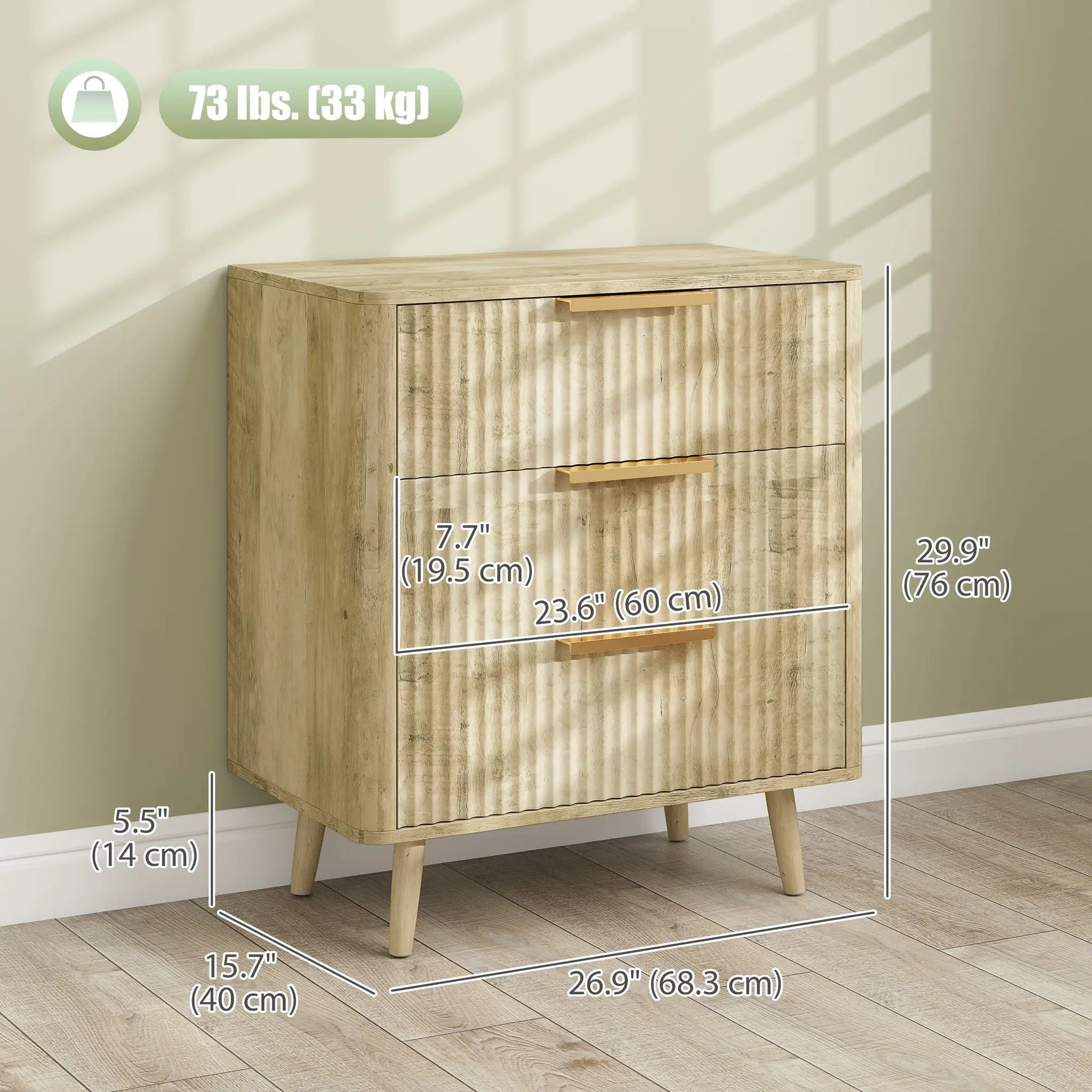 Fluted Chest of Drawers, Modern 3 Drawer Dresser with Pine Wood Legs, Oak Storage Cabinets at Gallery Canada