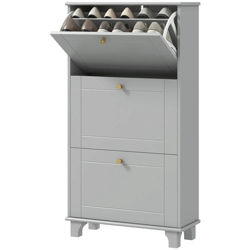 Narrow Shoe Storage, 3 Flip Drawers, Adjustable Shelves, Holds 12 Pairs, Grey