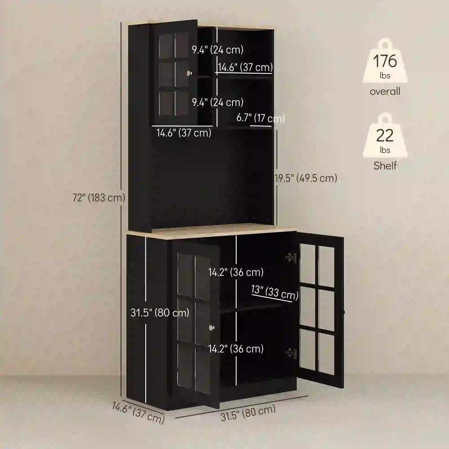 Buffet de cuisine avec armoire, 3 armoires, 2 étagères, noir
