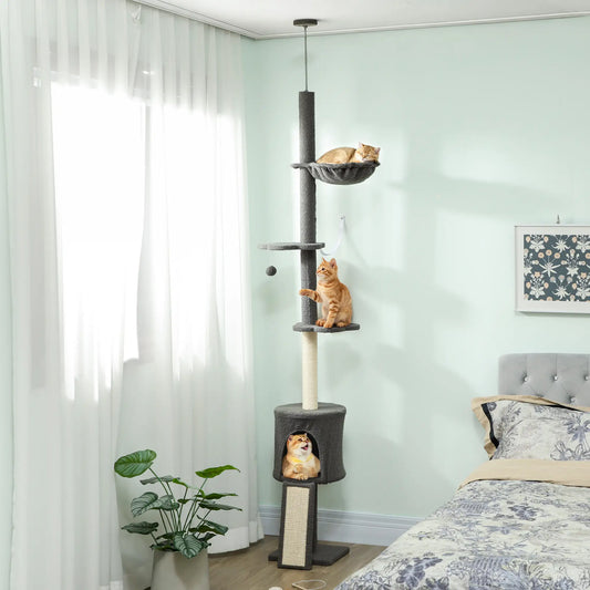 87"-94.5" Floor to Ceiling Cat Tree with Sisal Scratching Post, Condo, Hammock, Ramp, Perches, Dark Grey Floor to Ceiling Cat Trees Dark Grey, Pink, Cream white at Gallery Canada