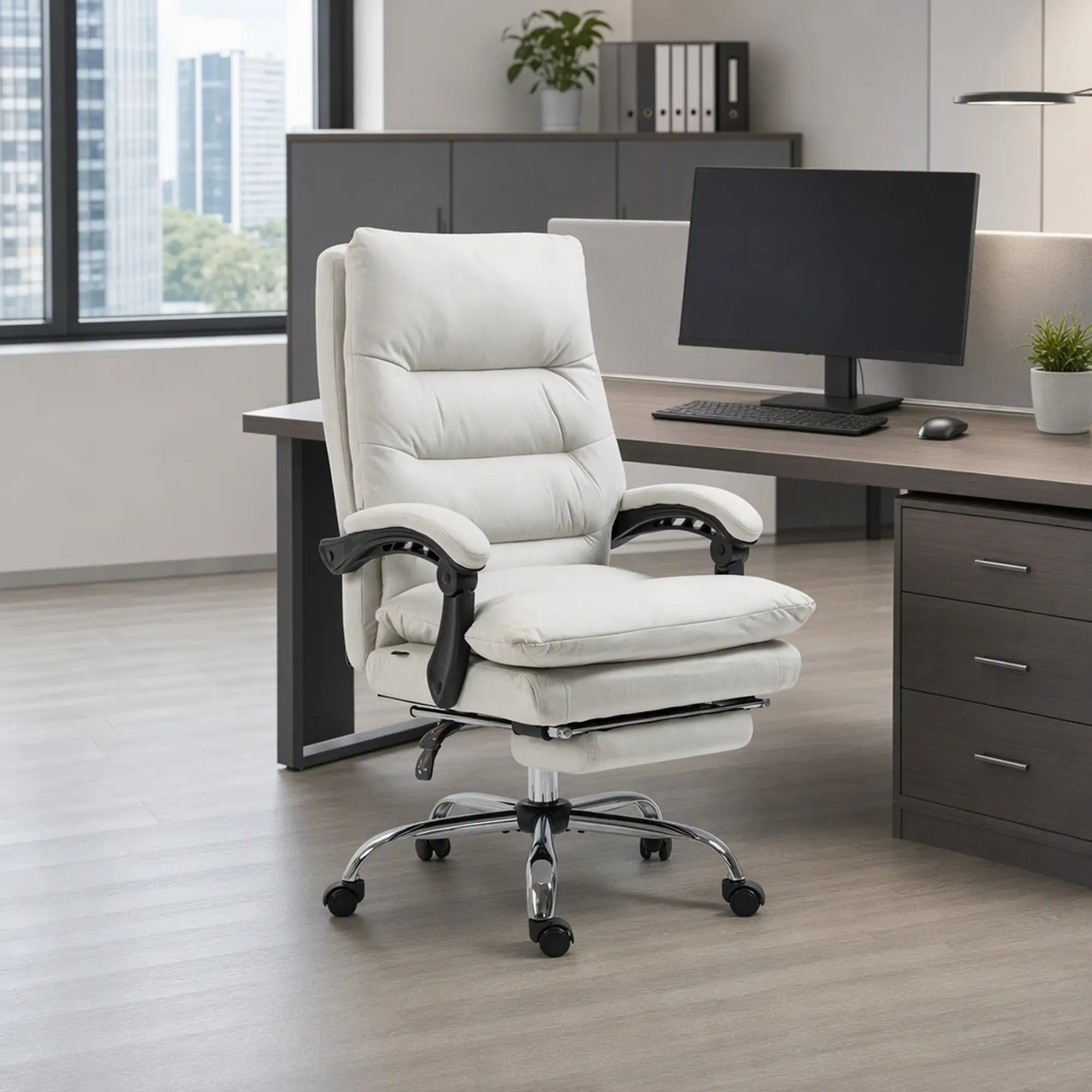 Executive Office Chair with Massage and Heat, Reclining Computer Chair with Footrest, Cream White Massage Chairs at Gallery Canada