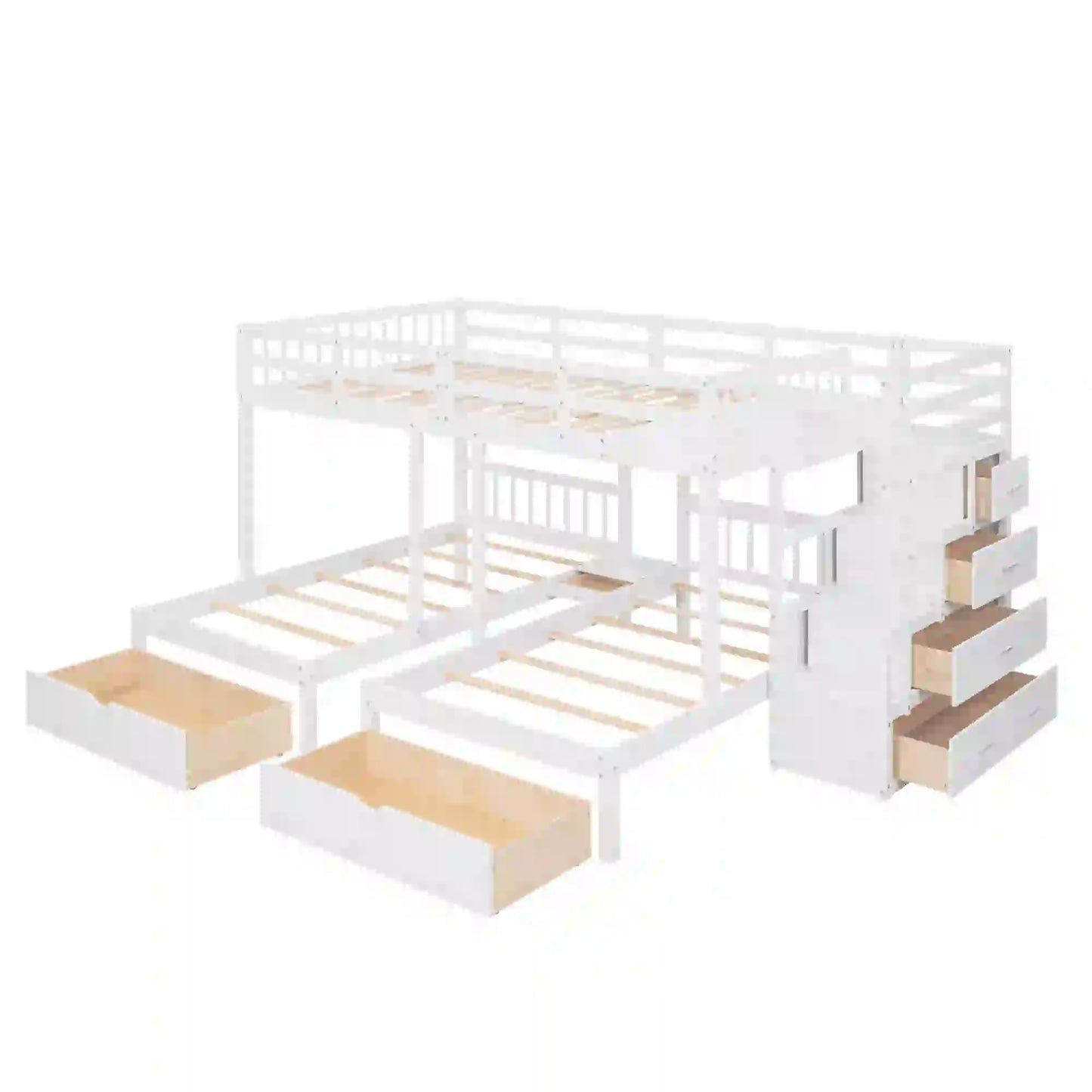 Twin Triple Bunk Bed with Storage Drawers, Pine Wood Frame, 115" L x 76" W x 64.5" H, White Bed Frames at Gallery Canada