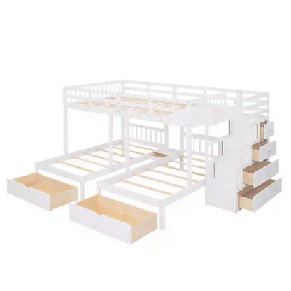 Twin Triple Bunk Bed with Storage Drawers, Pine Wood Frame, 115" L x 76" W x 64.5" H, White Bed Frames at Gallery Canada