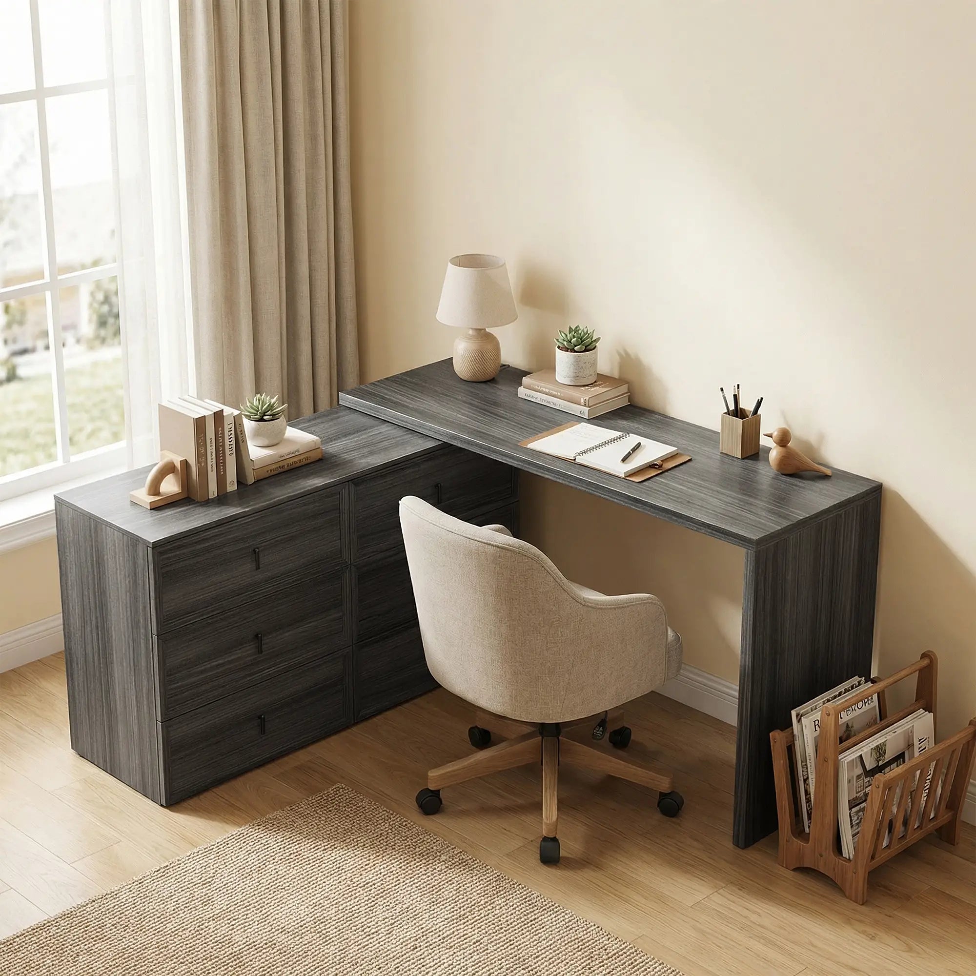 L Shaped Computer Desk, 6 Drawers, Wood Grain, Black Computer Desks at Gallery Canada