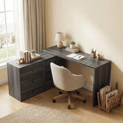 L Shaped Computer Desk, 6 Drawers, Wood Grain, Black Computer Desks at Gallery Canada