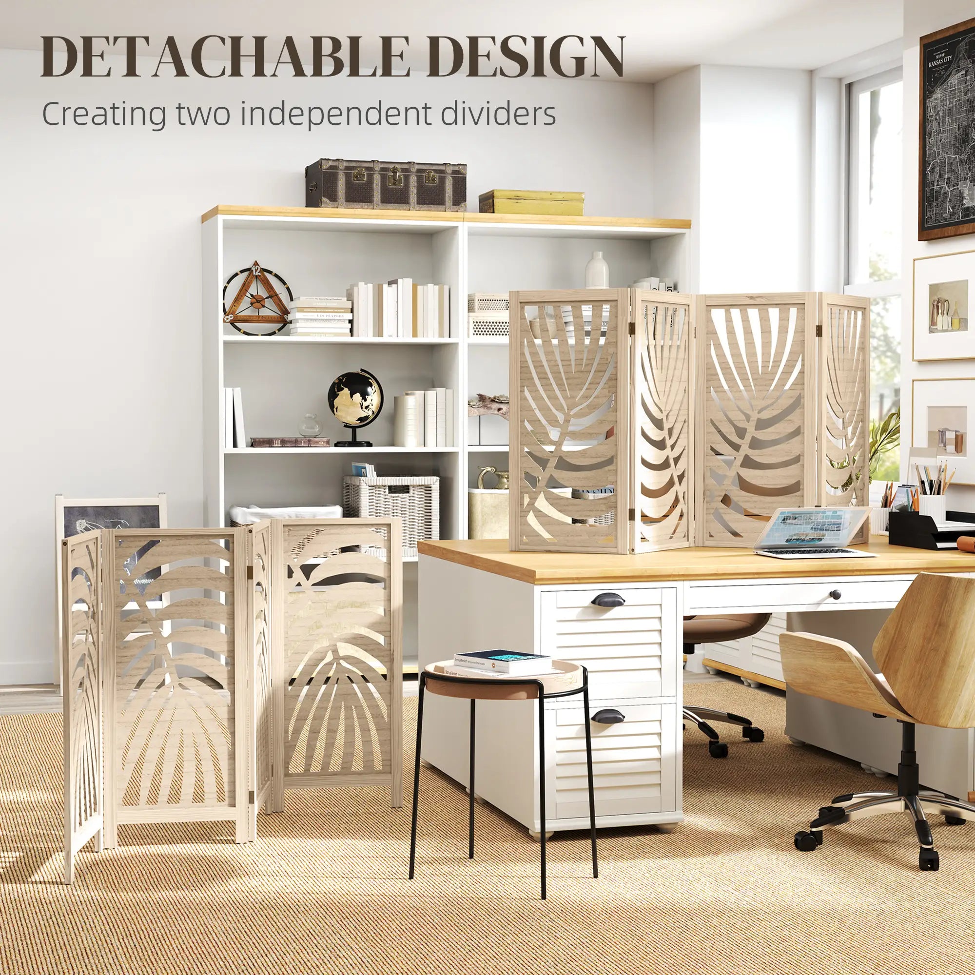 4 Panel Room Divider, Detachable Folding Privacy Screen, Palm Leaf Design, Natural Wood Finish Room Dividers at Gallery Canada