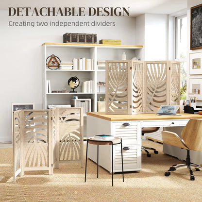 4 Panel Room Divider, Detachable Folding Privacy Screen, Palm Leaf Design, Natural Wood Finish Room Dividers at Gallery Canada