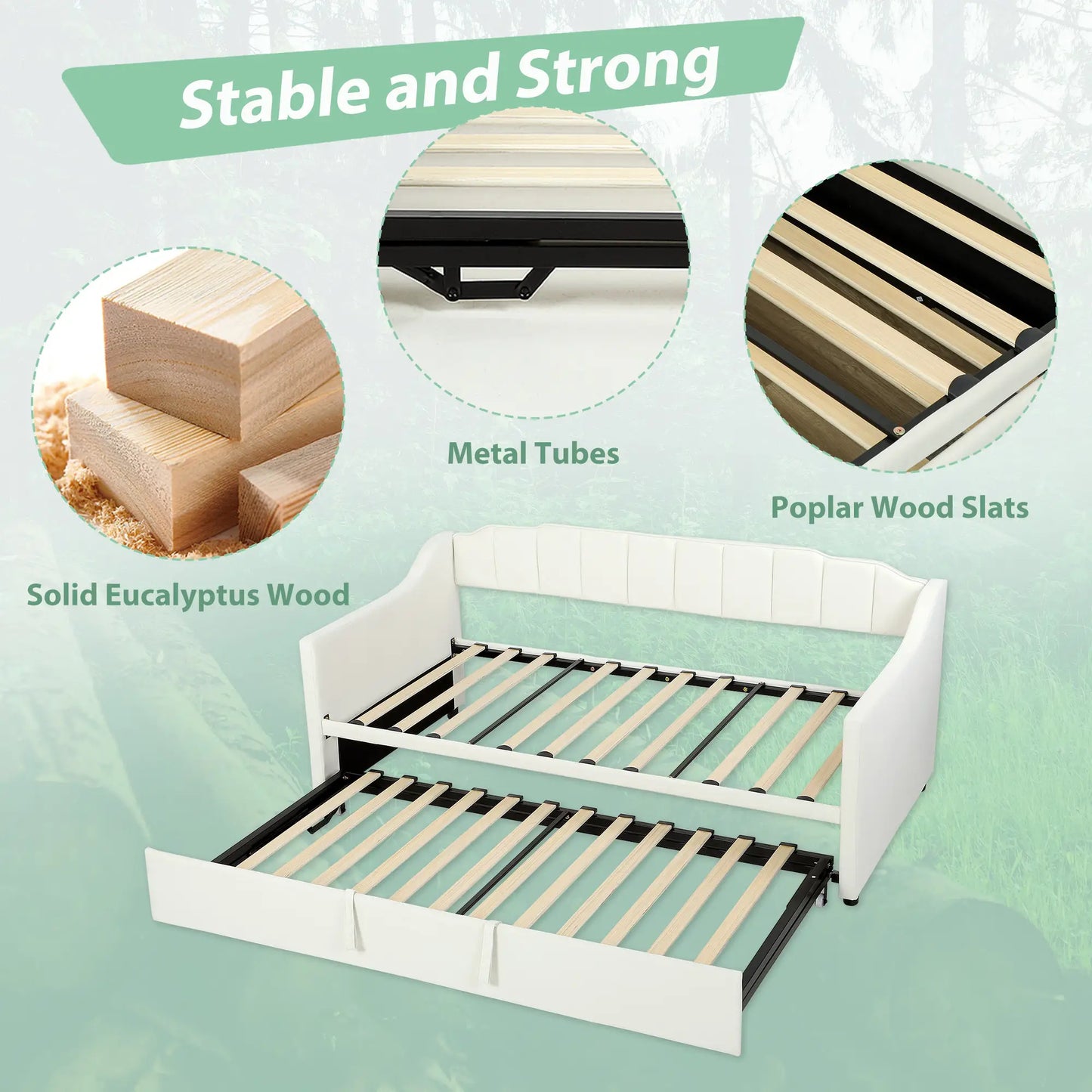 Upholstered Twin Trundle Bed, Extendable Twin To King, Cream White