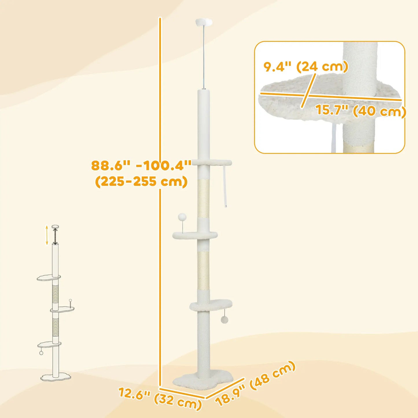 88.5"-100.5" Floor to Ceiling Cat Tree, Scratching Posts, Cloud Platforms, Cream Floor to Ceiling Cat Trees at Gallery Canada