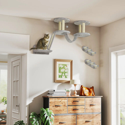 3PCs Cat Wall Shelves, Scratching Post, Perches, Steps, Ladder, Light Grey