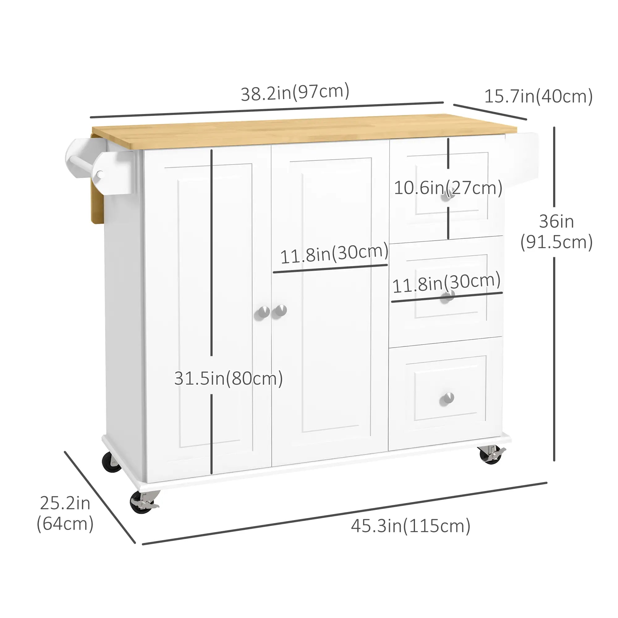 Kitchen Island with Drop Leaf, Rolling Cart, 3 Drawers, White Kitchen Islands & Kitchen Carts at Gallery Canada