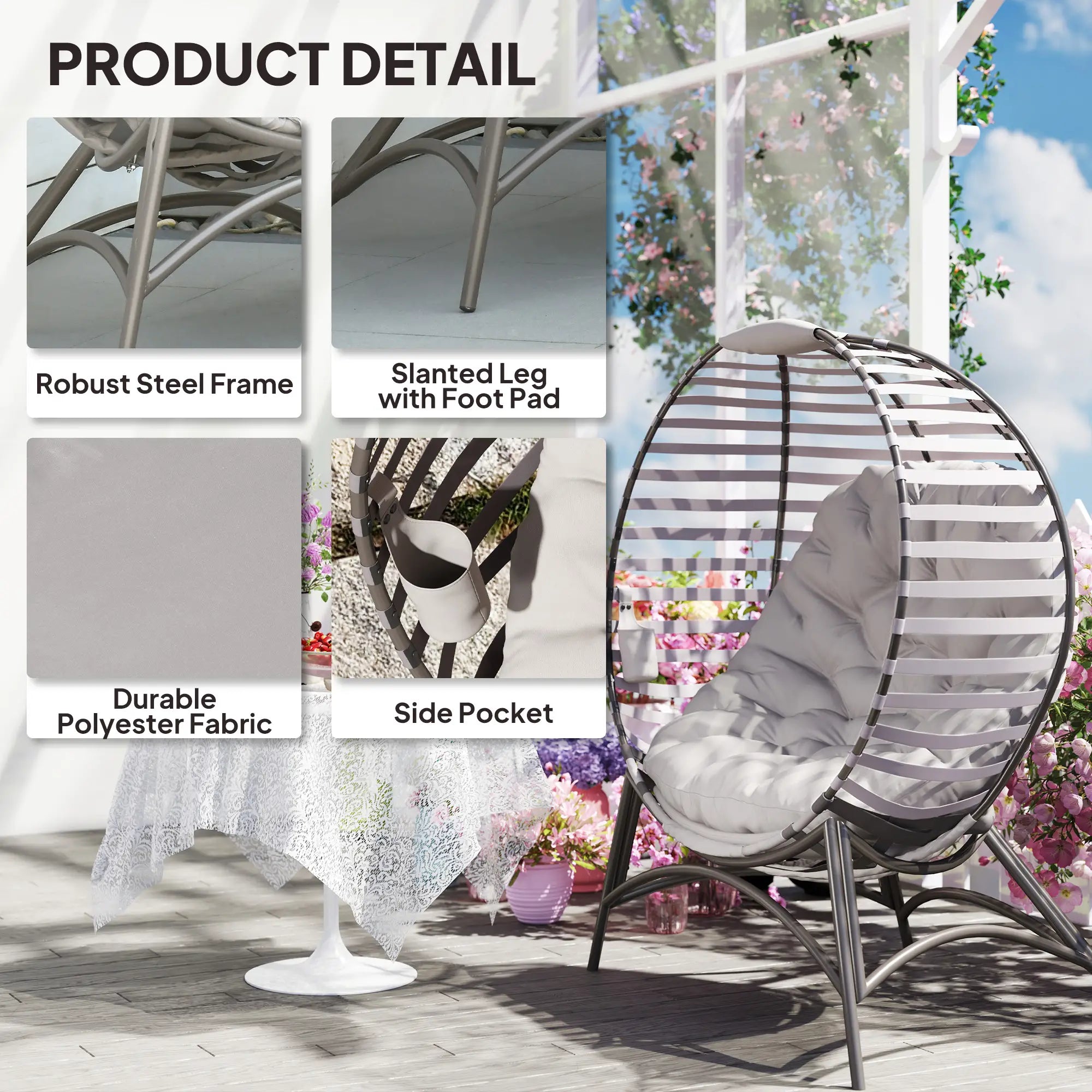 Egg Patio Lounge Chair, Foldable, with Cushion & Pocket, Light Grey, Light Grey Patio Chairs at Gallery Canada
