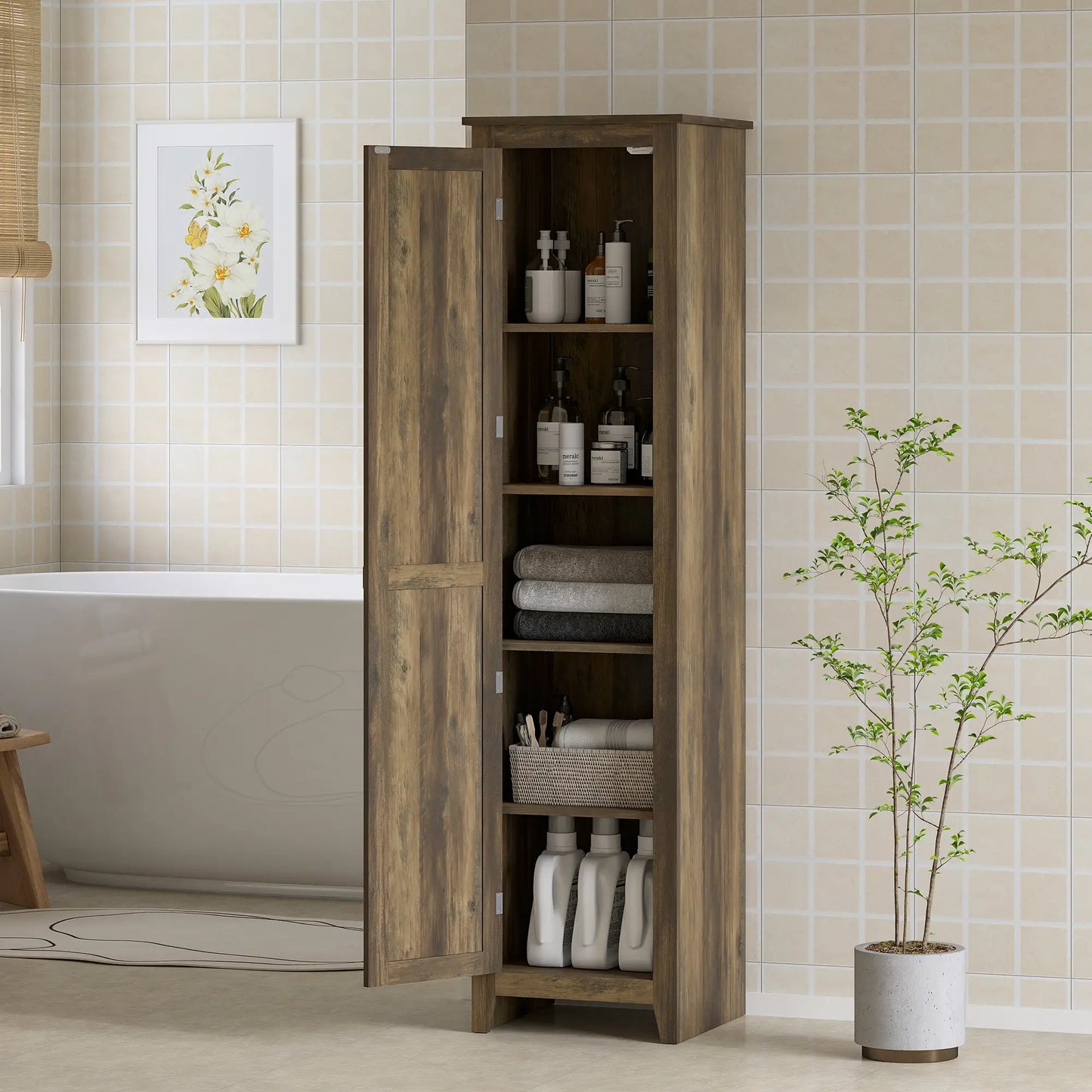 67" Farmhouse Kitchen Pantry Cabinet, Adjustable Shelves, Brown Kitchen Pantry Cabinets at Gallery Canada