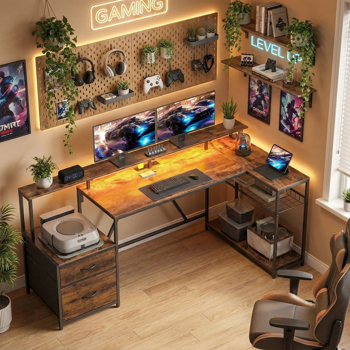 76" Gaming Desk, RGB Lights, USB Ports, Monitor Stand, Rustic Brown Gaming Desks at Gallery Canada