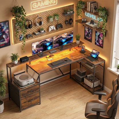 76" Gaming Desk, RGB Lights, USB Ports, Monitor Stand, Rustic Brown Gaming Desks at Gallery Canada