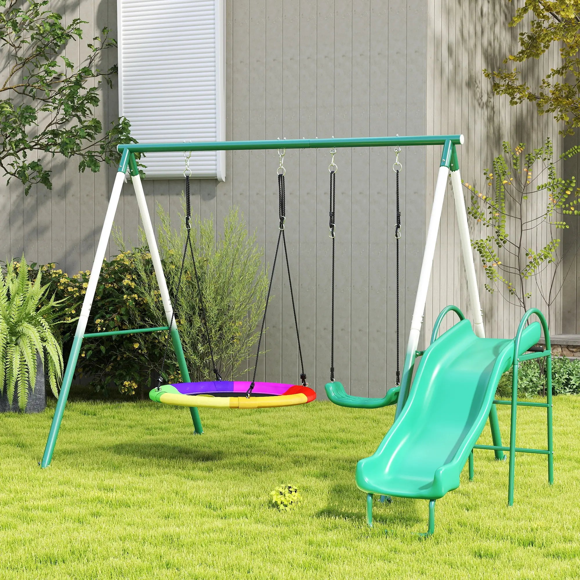 Metal Swing Set With Slide, Saucer Swing Seat, Dark Green Gym Sets & Swings at Gallery Canada