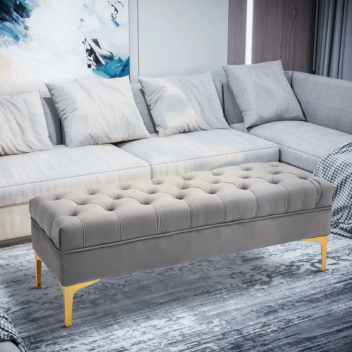 Upholstered End of Bed Bench with Button Tufted, Grey Storage Ottomans & Benches at Gallery Canada