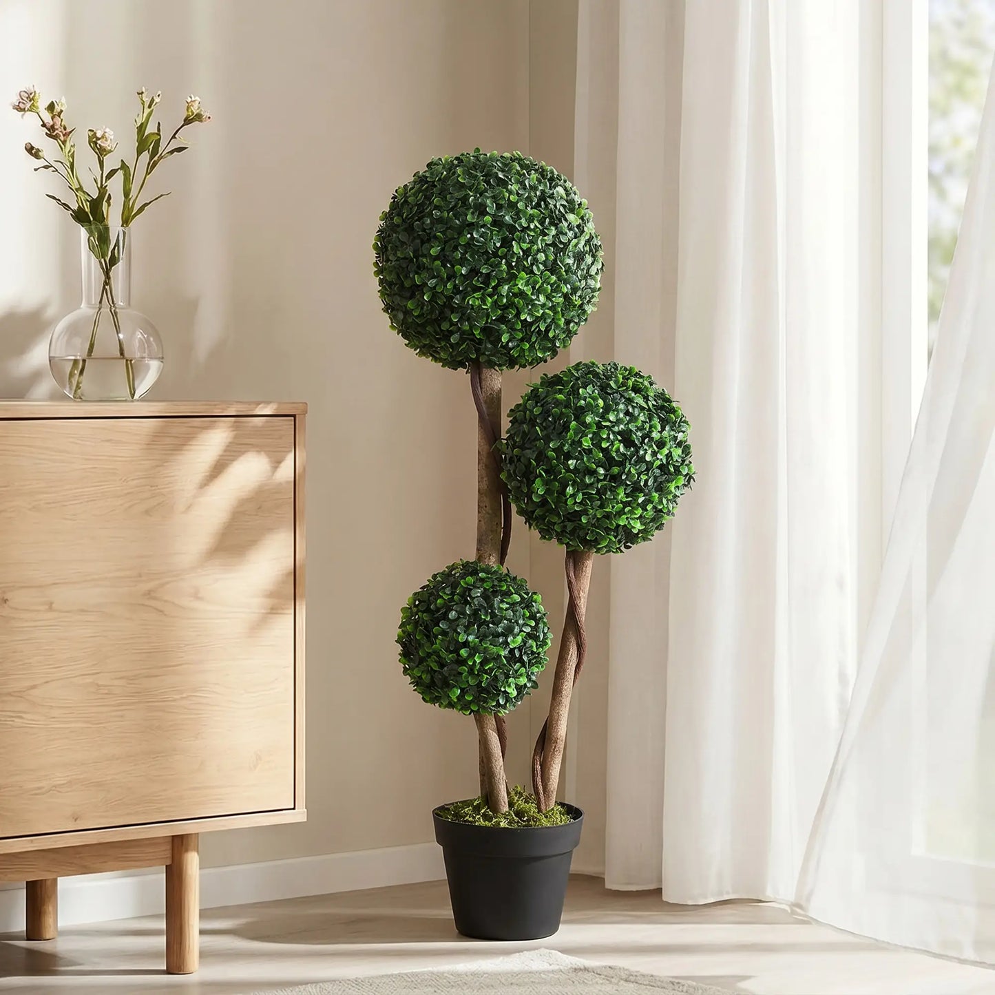 35 Inch Artificial Boxwood Topiary Tree, Triple Ball, Dark Green Artificial Trees at Gallery Canada