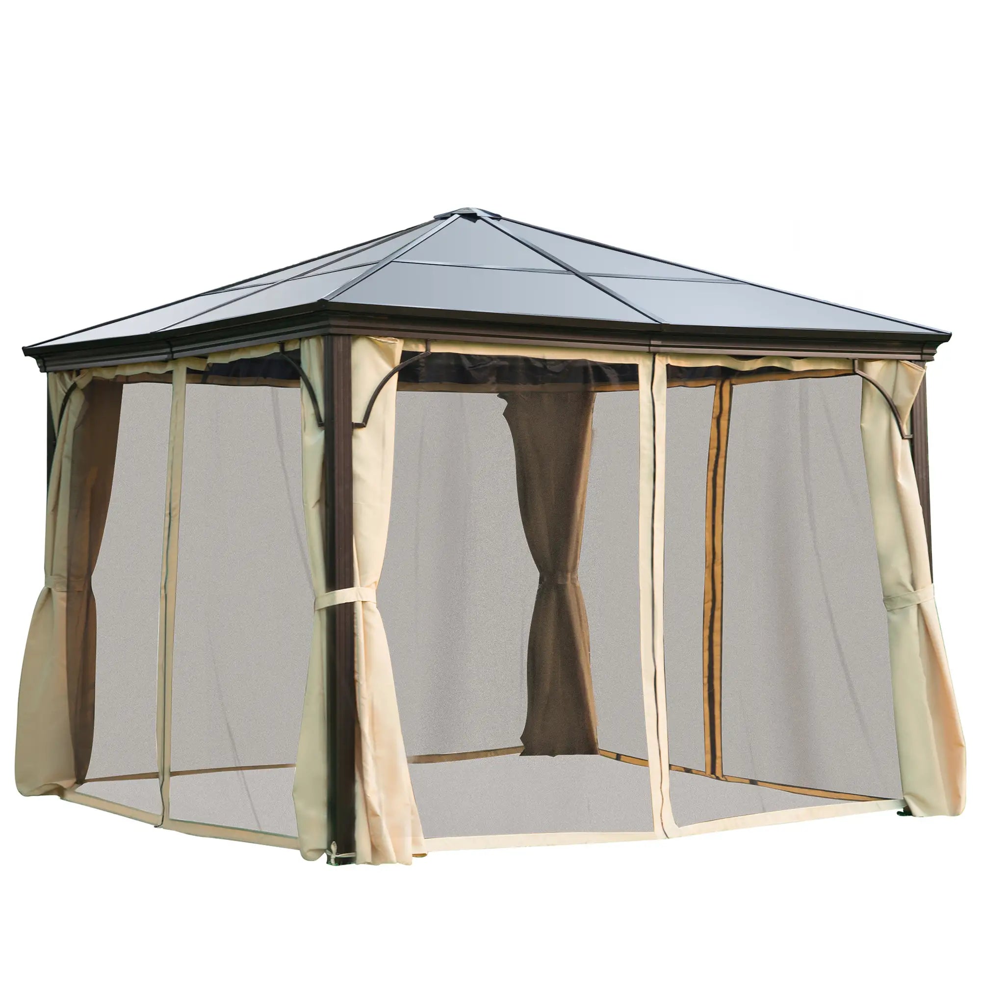 10x10 Ft Hard Top Gazebo, Heavy Duty Canopy, Sun Shade, Coffee, Beige Gazebos at Gallery Canada