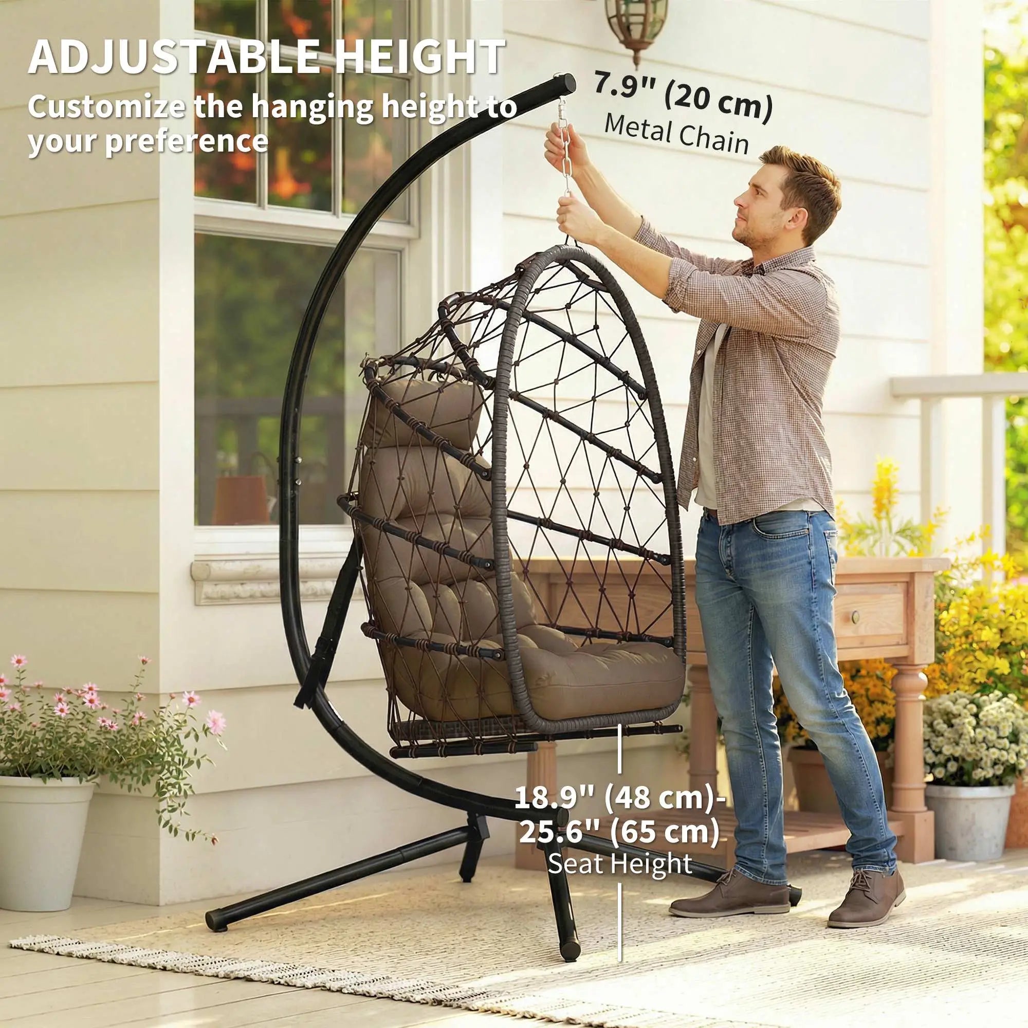 Hanging Egg Chair With Stand, Foldable Wicker Rattan Swing Chair, Brown Patio Swings with Stand at Gallery Canada