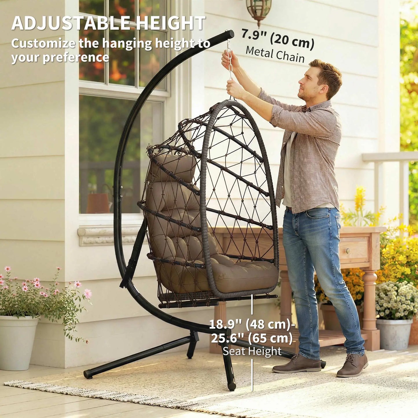 Hanging Egg Chair With Stand, Foldable Wicker Rattan Swing Chair, Brown Patio Swings with Stand at Gallery Canada