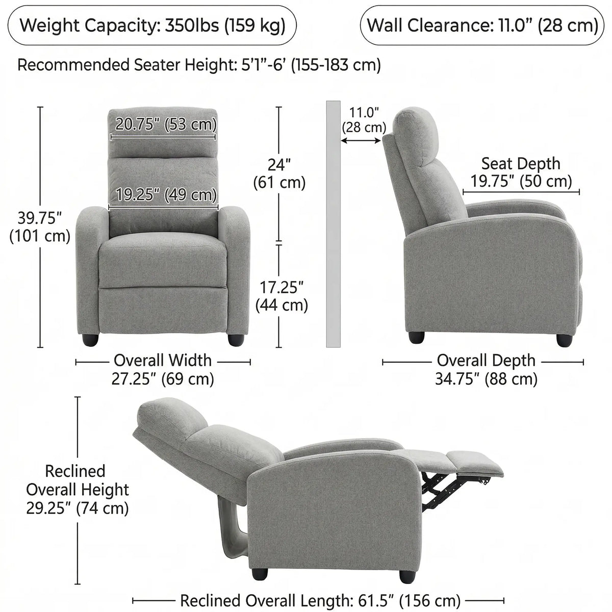 Fabric Recliner Manual Sofa Armchair, Light Grey Single Sofas at Gallery Canada