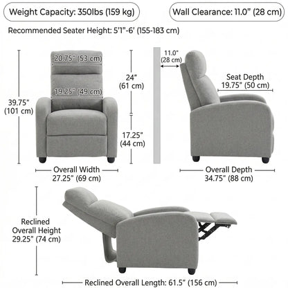 Fabric Recliner Manual Sofa Armchair, Light Grey Single Sofas at Gallery Canada
