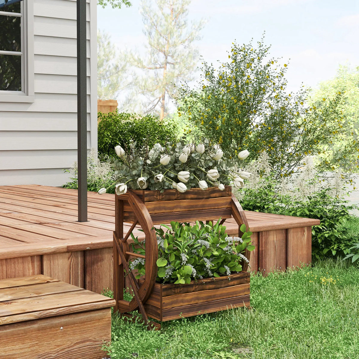 Bac à plantes en chariot en bois, Jardin surélevé à 2 niveaux, Légumes Fleurs Herbes