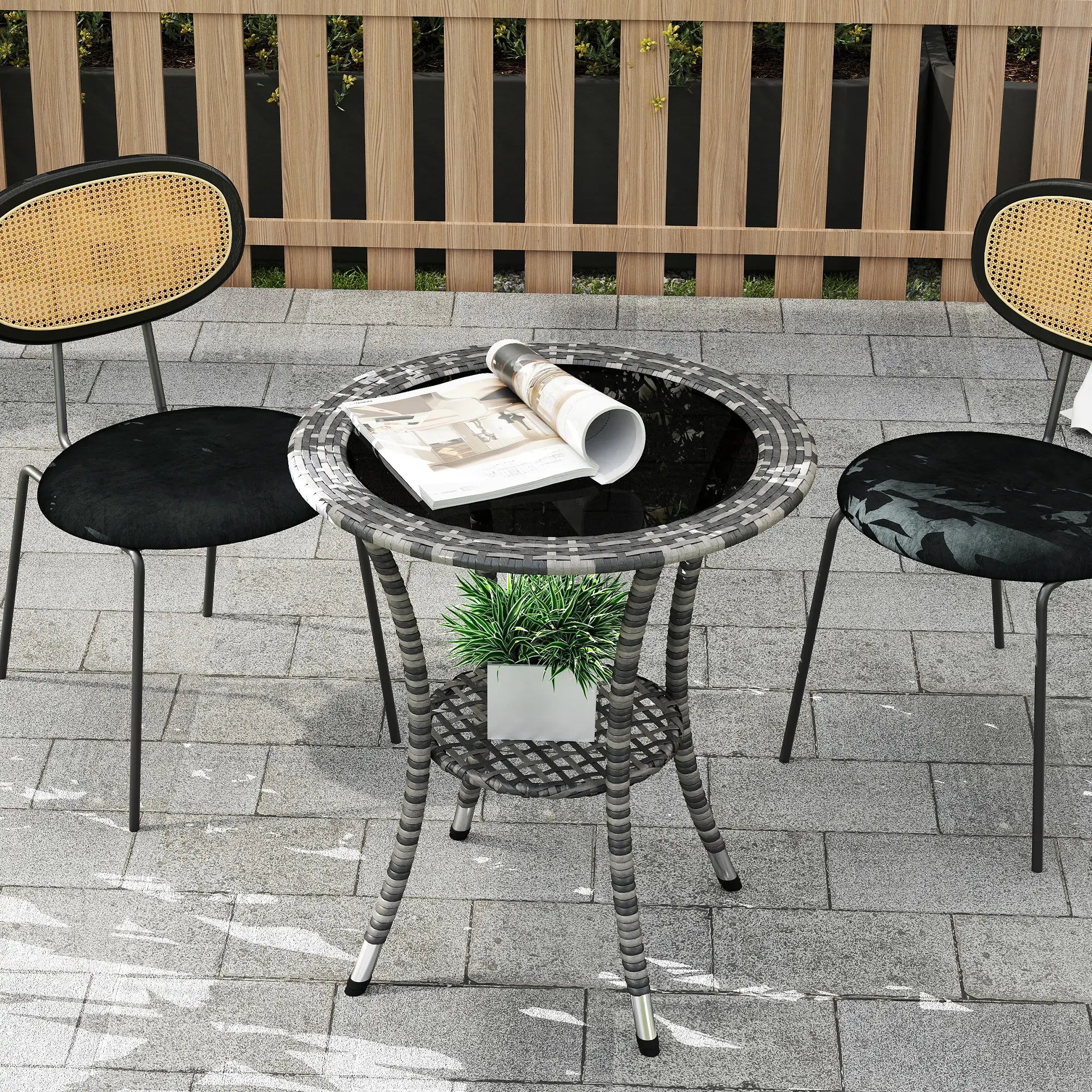 Outdoor Rattan Dining Table, Round Wicker Coffee Table, 2-Tier Shelf, Mixed Grey Patio Dinning Tables at Gallery Canada