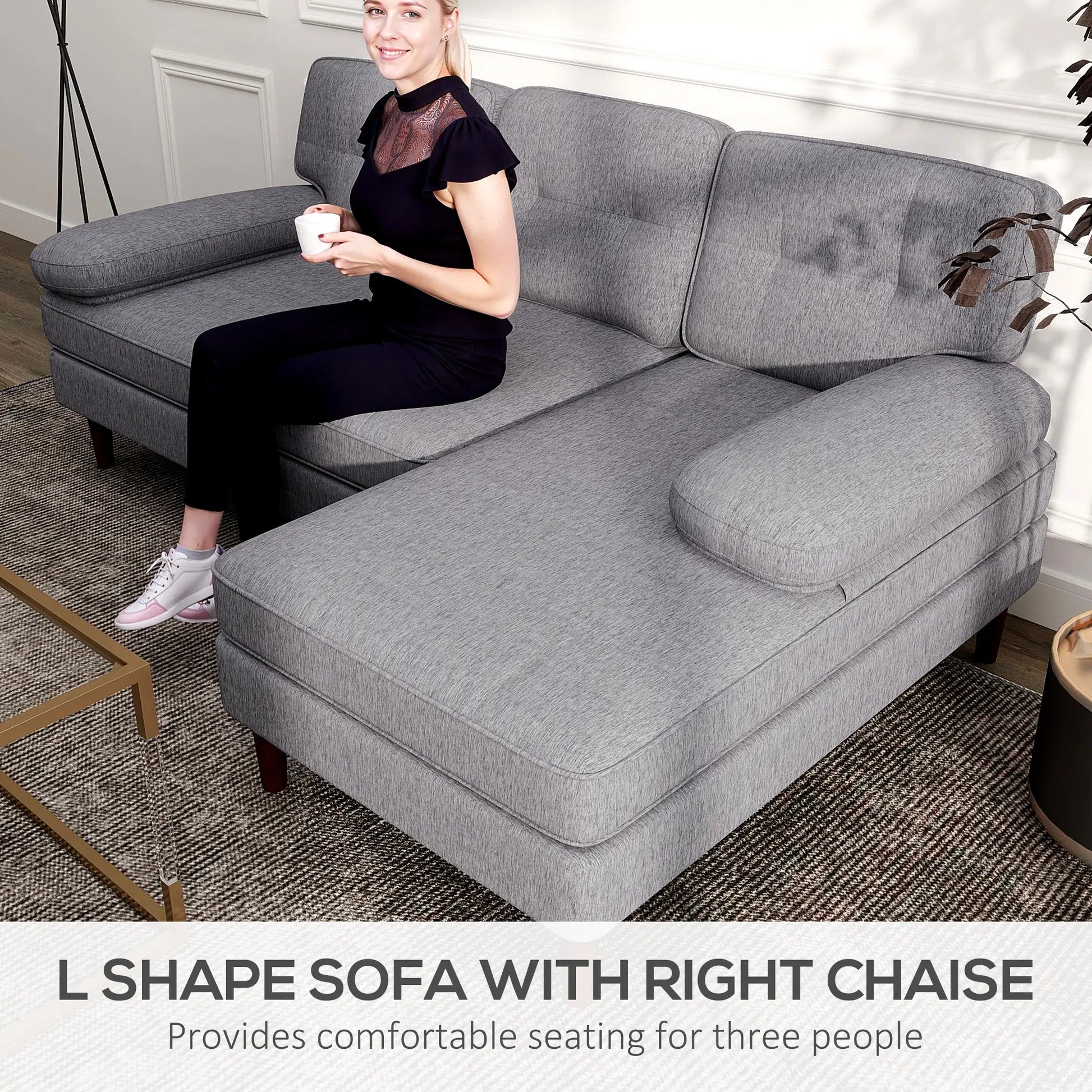 Modern Corner Couch with Right Chaise Lounge, Tufted 3-Seater Sofa with Wooden Legs for Living Room, Grey 3-Seater Sofas at Gallery Canada