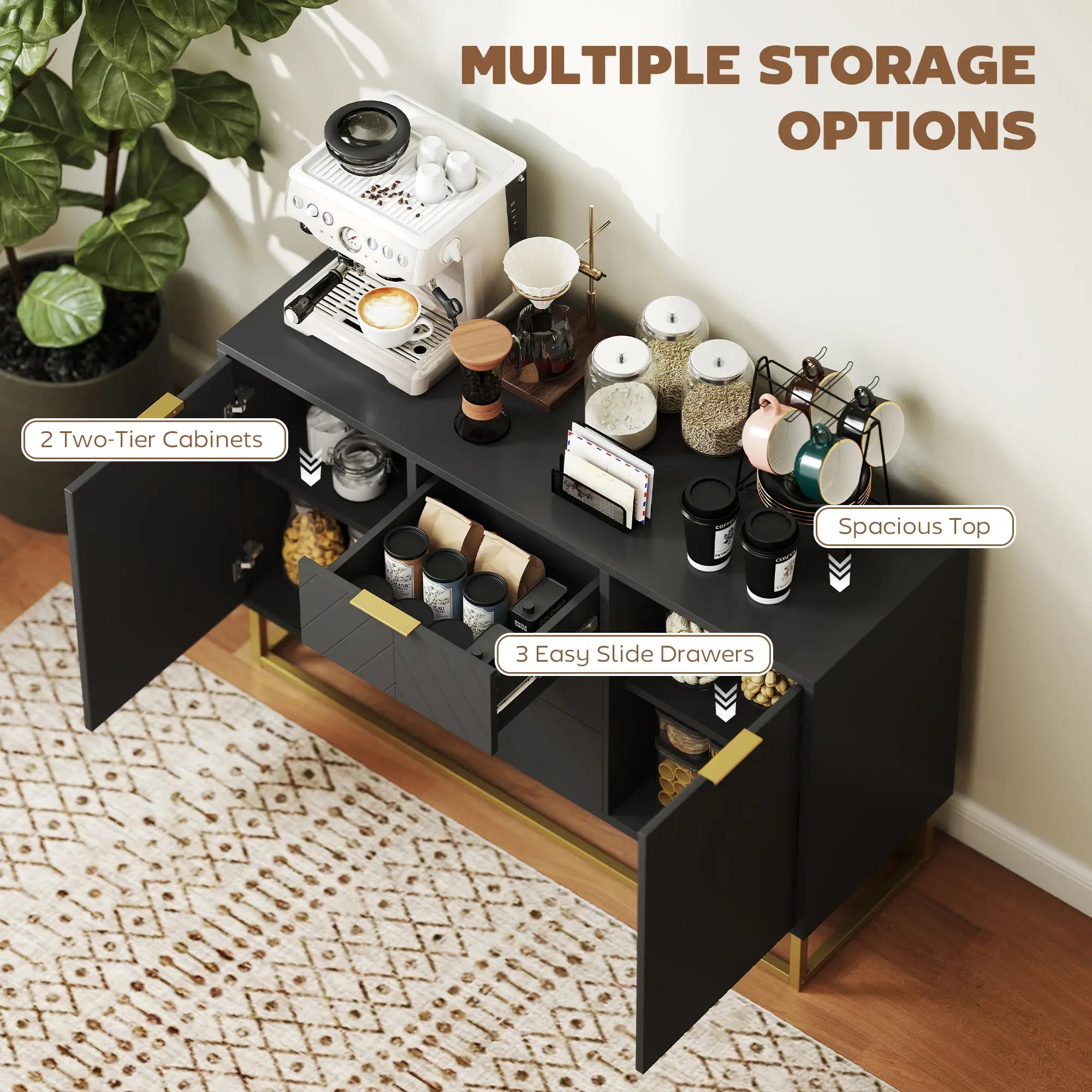 Sideboard Storage Cabinet, 3 Drawers, Adjustable Shelves, Black Kitchen Pantry Cabinets at Gallery Canada