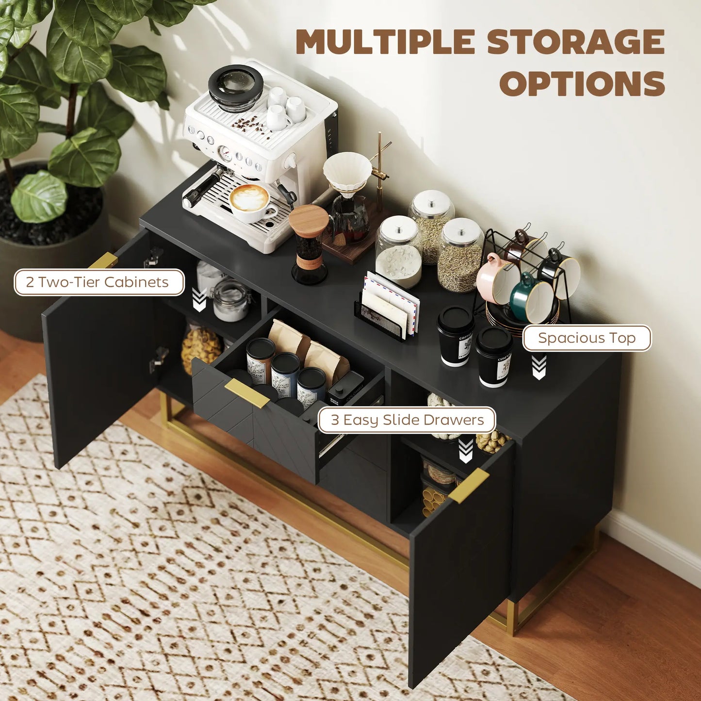 Sideboard Storage Cabinet, 3 Drawers, Adjustable Shelves, Black Kitchen Pantry Cabinets at Gallery Canada